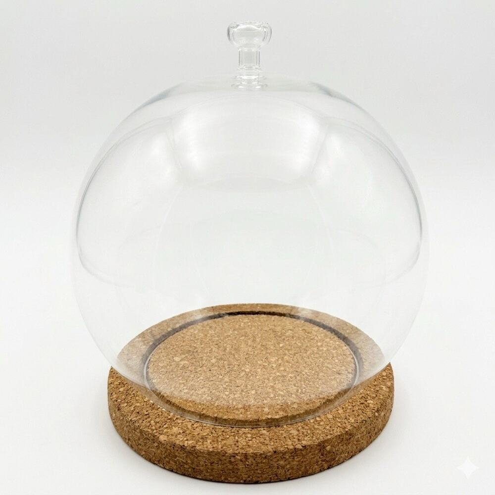 Glass Dome 8” Cloche With w/ Rose Flower Topper / Handle on Cork Base